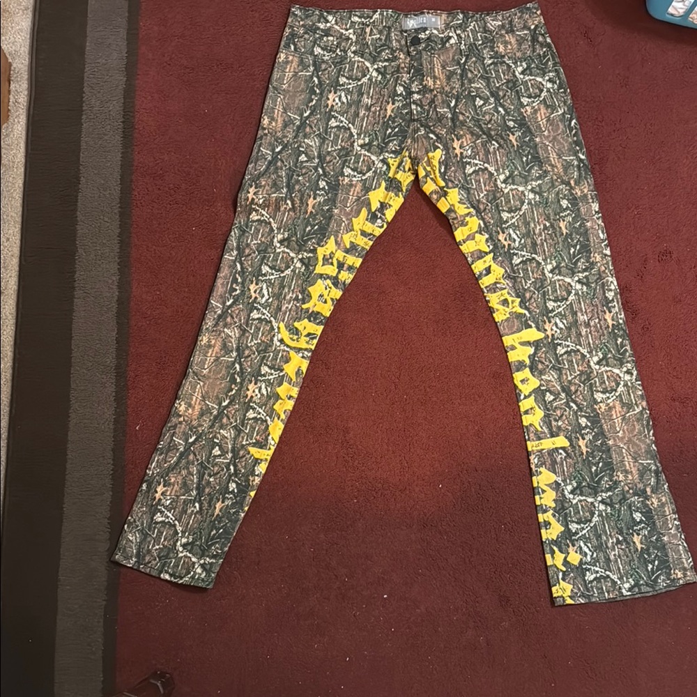Camo Print Flare Pants with Yellow Accents